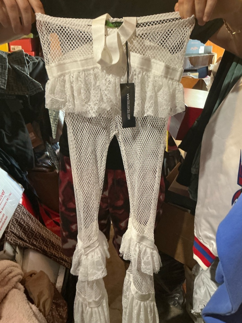 White Fishnet Lace Ruffle Bodystocking pants dolls kill
